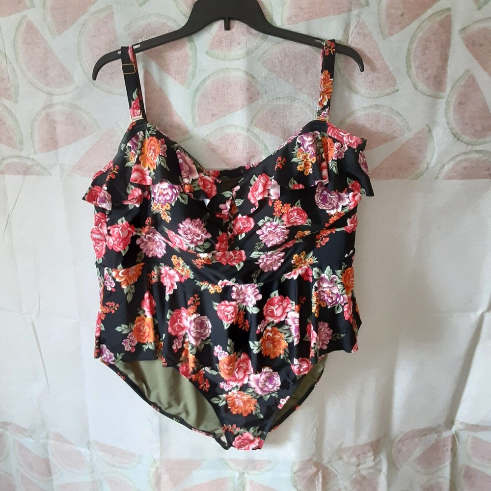 Terra & Sky Womens Floral Ruffled 1 PC Swimsuit Plus 5X (32W-34W) Bandeau Lined!